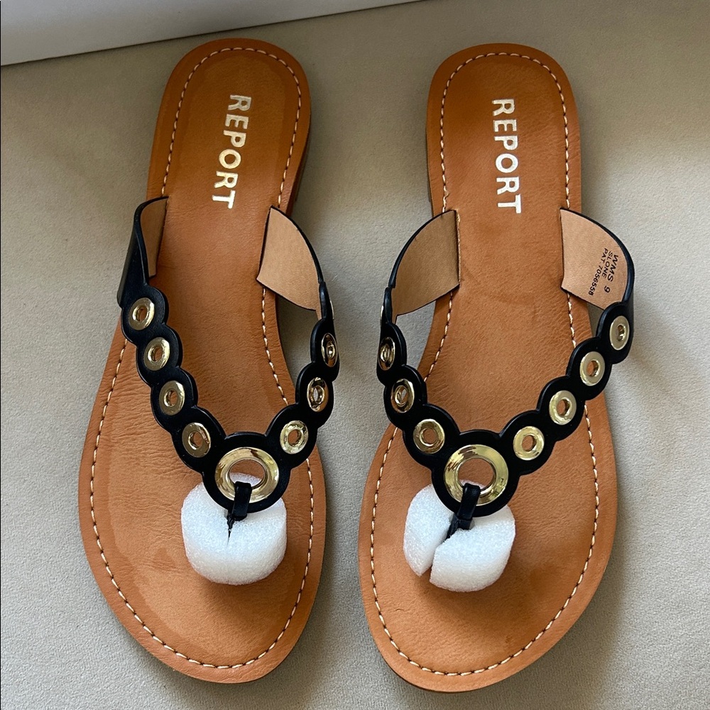 Report Black and Tan Sandals with Gold Accents new in box - Picture 2 of 7